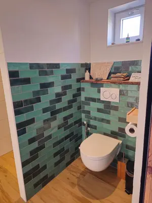 a bathroom with a toilet and a tiled wall at Heidy's Home, with Wellness Facilities in Zeewolde