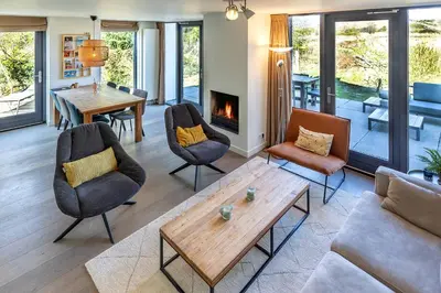 a living room with furniture and a fireplace at Villa Goudvink in Egmond aan den Hoef