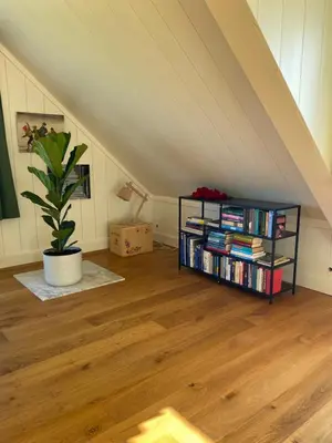 a room with a book shelf with books and a plant at Amsterdam Garden Studio in Uitdam