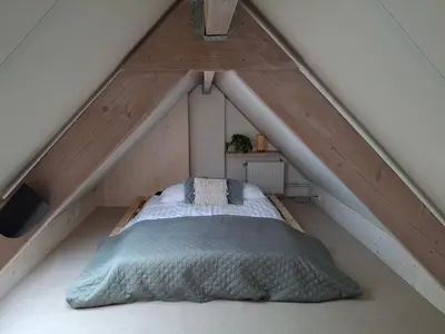 a bed in the middle of a attic at Huisje Suus, inclusief jacuzzi, kano en kajak in Zuid-Scharwoude