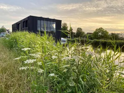 a black building sitting on top of a field of grass at Hidden Gem in Oost-Knollendam