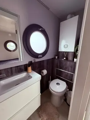 a bathroom with a toilet and a sink and a mirror at Gezellige houseboat Eclipse Monnickendam nabij Amsterdam in Monnickendam