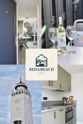 a collage of photos with a lighthouse and wine glasses at Bed & Beach 114 in Noordwijk aan Zee