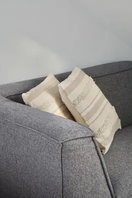 two pillows sitting on top of a gray couch at Bed & Beach 114 in Noordwijk aan Zee
