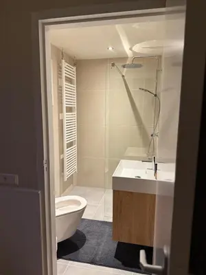a bathroom with a shower and a toilet and a sink at Duijnparadijs in Schoorl