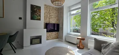 a living room with a couch and a fireplace at Centrally located, fully furnished luxury apartment in Gouda