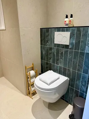a bathroom with a toilet and a green tiled wall at Sunset Beach in Zandvoort