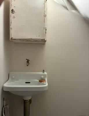 a bathroom with a sink and a mirror on the wall at Loft with parkside view in Amsterdam