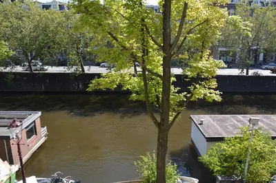 a boat in the water next to a tree at The IF Boutique hotel in Amsterdam