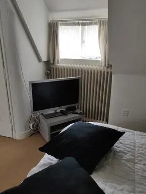 a bedroom with a tv and a bed with a pillow at Zit slaapkamer op de 2e etage in een rietgedekte villa met gedeelde douche en keuken in Wassenaar