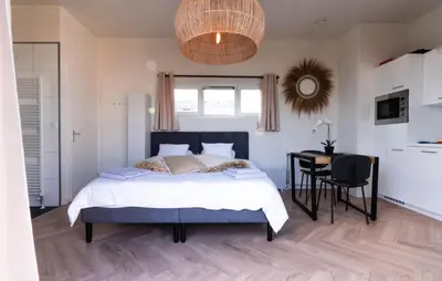a bedroom with a bed and a desk and a chandelier at Gorgeous Home In Vinkeveen With Sauna in Vinkeveen