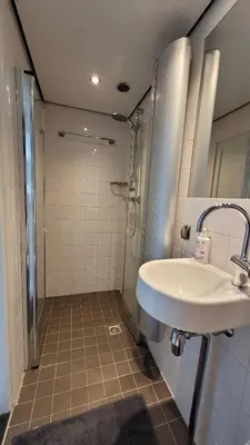 a bathroom with a sink and a shower at Aladdin's Sky in Zandvoort
