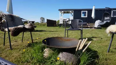 a group of chairs and a frying pan and bats at Bed and Breakfast Het schapenlandje in Waarland
