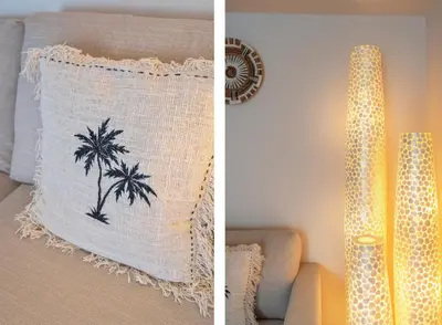 two pictures of a pillow with a palm tree at Short Stay Zandvoort at 68A in Zandvoort