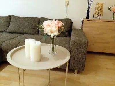 a vase of flowers on a table in a living room at Cozy Apartment in Alkmaar Centre in Alkmaar