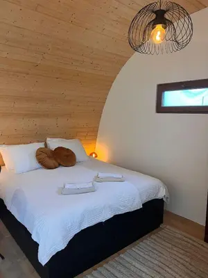 a bedroom with a bed with two pillows on it at Luxurious Tiny House with HotTub in Rijsenhout