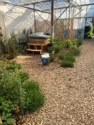 a garden with a hot tub in a greenhouse at Luxurious Tiny House with HotTub in Rijsenhout