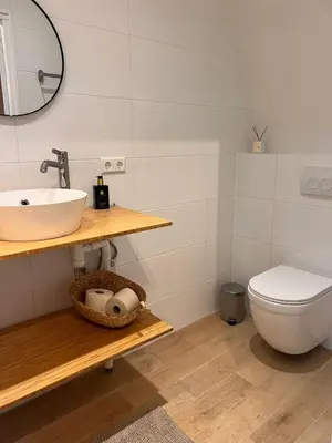 a bathroom with a sink and a toilet at Luxurious Tiny House with HotTub in Rijsenhout