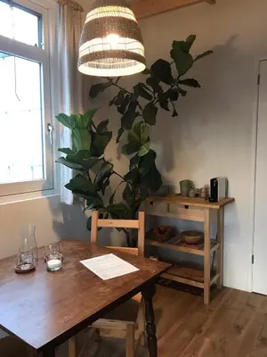 a room with a table and a potted plant at Unique Tiny House close to Ams Airport with Hottub in Rijsenhout