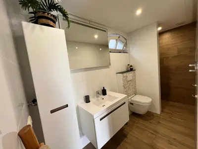 a bathroom with a white sink and a toilet at Vorstelijk verblijf Alkmaar in Alkmaar