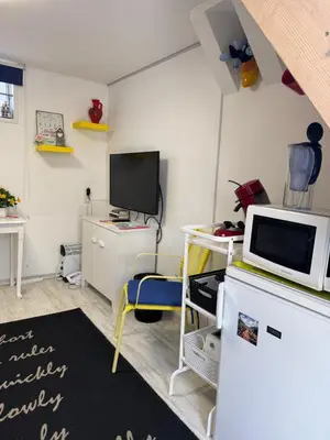 a room with a tv and a desk with a microwave at Zomerhuisje Maranatha in Noordwijk aan Zee