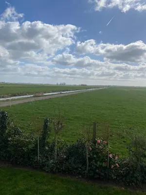 a large green field with a road in the distance at Geniet van de rust en de ruimte in Bodegraven