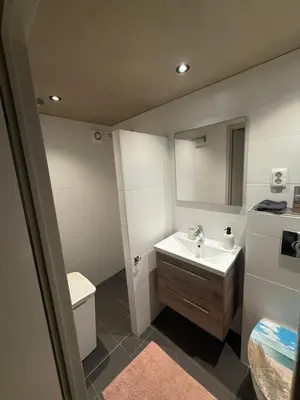 a bathroom with a sink and a mirror at Katwijks geluk in Katwijk aan Zee