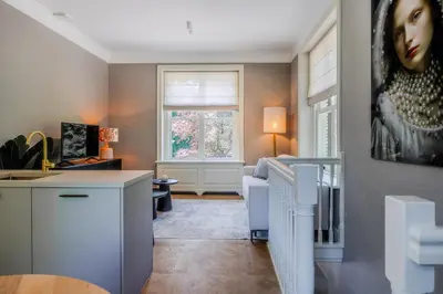 a kitchen and living room with a painting of a woman at Huize Randenbroek Amersfoort in Amersfoort