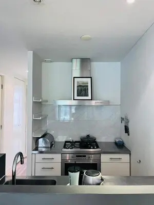 a kitchen with a stove and a sink at Cozy museum area home in Amsterdam