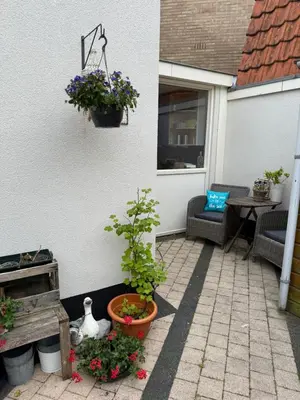 a patio with a potted plant on the side of a house at Noordwijk-sur-mer in Noordwijk aan Zee