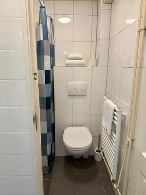 a small bathroom with a toilet and a shower at Noordwijk-sur-mer in Noordwijk aan Zee