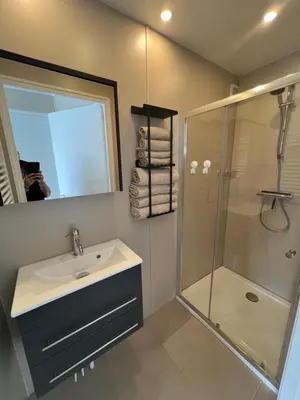 a bathroom with a sink and a shower with a mirror at Bed en B-ootje in Bunschoten