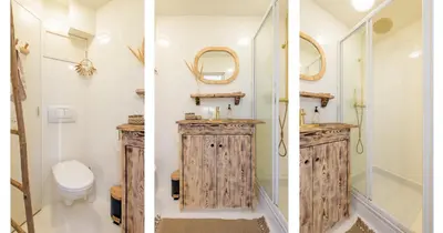 two pictures of a bathroom with a shower and a toilet at Beachhouse Jula in Egmond aan Zee