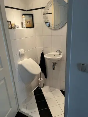 a small bathroom with a toilet and a sink at Perla di Robbie in Zandvoort