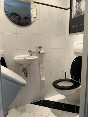 a bathroom with a toilet and a sink and a mirror at Perla di Robbie in Zandvoort