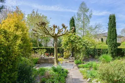 a garden with a tree and a stone path at Ruime vakantievilla in Zeewolde in Zeewolde