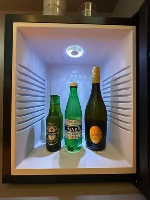 two bottles of beer sitting in a refrigerator at Rembrandt & Vermeer in Amsterdam