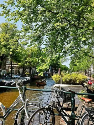 a couple of bikes parked next to a canal at Canal House with a Unique View in Amsterdam