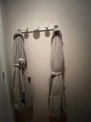 two towels hanging on a rack in a bathroom at Luxury Private Spa with golden bath, cinema and sauna in Bodegraven