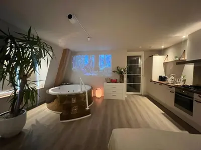 a kitchen with a table and a plant in a room at Luxury Private Spa with golden bath, cinema and sauna in Bodegraven