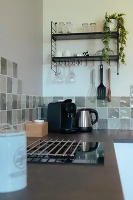a kitchen counter with a stove with pots and pans at Logeer aan de Geer in Wilnis