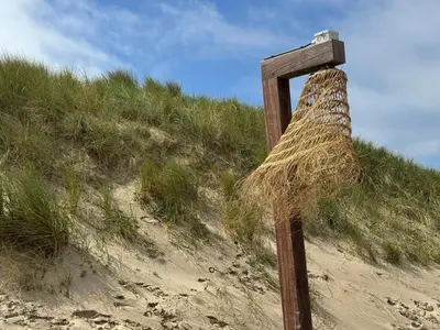 a wooden pole with hay on top of a beach at Zon Zee en Duin Egmond Strandhuisje in Egmond aan Zee