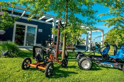 a group of tractors parked in the grass in front of a house at EuroParcs Bad Hulckesteijn in Nijkerk