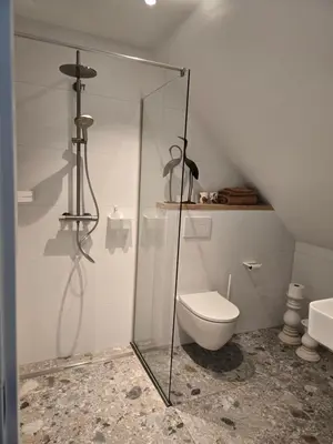 a bathroom with a toilet and a glass shower stall at Villa Suite Oudshoorn in Alphen aan den Rijn