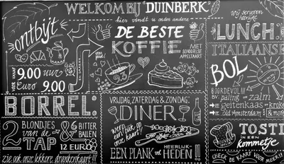 a chalkboard with a lot of different food and drink signs at Duinberk B&B hotel en Brasserie in Schoorl
