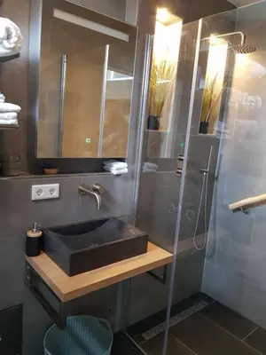 a bathroom with a sink and a shower at B&B Purmavida in Purmerend