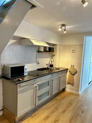 a kitchen with a sink and a microwave at Cozy Apartment in Aalsmeer in Aalsmeer