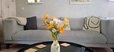 a vase with flowers on a table in a living room at Guesthouse 10 in Schellinkhout