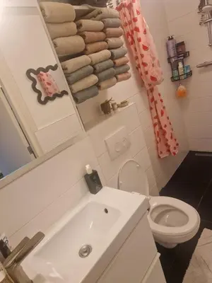 a bathroom with a white sink and a toilet at Modern and cozy, top location in Amsterdam