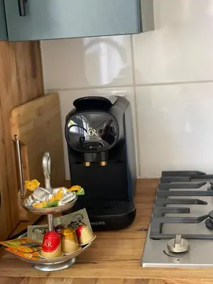 a miniature kitchen with a stove and a microwave at Wendy's Tiny Beachhouse in Noordwijk